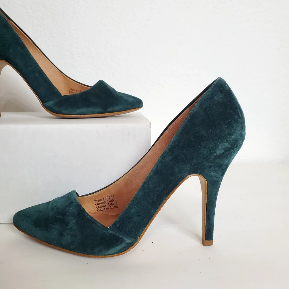 Madewell The Mira Suede Leather Pointed Toe Heel Pumps Shoes 6 1/2 Green Hunter - Picture 14 of 16